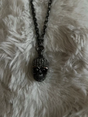 Kedjehalsband med dödskallehänge - Snyggt halsband i mörk metall med ett dödskallehänge dekorerat med små glittrande stenar. Kedjan är grov och ger ett tufft intryck, perfekt för dig som gillar edgy accessoarer. Hänget har detaljerade former och stenar som ger extra bling. Tillhör lalia bagges snycke serie för rock of sweden. 