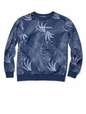 Blå sweatshirt (ORIGINAL) med bladmotiv Kappahl - Snygg blå sweatshirt från Kappahl med vita bladmotiv och texten 'ORIGINAL' på bröstet. Tröjan har rund halsringning, ribbade muddar och är tillverkad i mjukt material. Perfekt för en avslappnad och trendig stil.