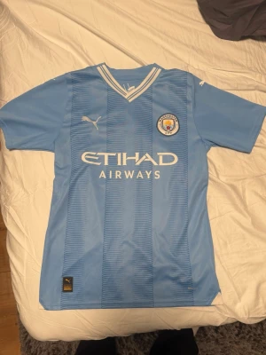 Manchester City matchtröja Puma - Säljer en ljusblå Manchester City matchtröja från Puma med vita detaljer och klubbens emblem på bröstet. Tröjan har Etihad Airways som sponsor och är tillverkad i ett lätt och ventilerande material. Perfekt för fotboll eller träning. Med namn av Kevin De Bruyne!!! 