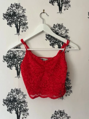 Röd spetsig croppad linnetopp - Snygg röd croppad linnetopp med tunna axelband och blommig spetsdetalj. Perfekt för att lyfta vilken outfit som helst med sin fräscha färg och feminina look. Toppen har v-ringning och är figurnära i modellen. Finns en svart aktig fläck inuti men det är inget som märks när den är på!💓🌸