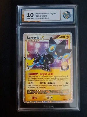 Pokémonkort Luxray GL Lv.X Celebrations - Samlarkort: Luxray GL Lv.X från Pokémon Celebrations, graderad 10 Gem Mint av RaukCard, bara gradering kostar 200 kortet 300 typ. Skriv vid frågor