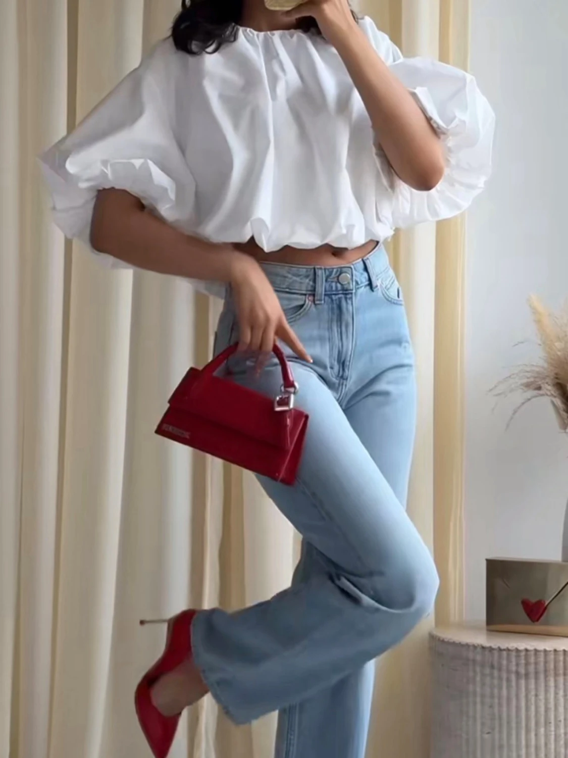 Vit puffig croppad blus  - 2