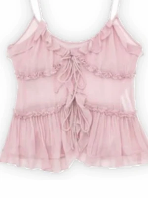 Rosa volangtop med snörning - Supersöt rosa topp med volanger och snörning framtill. Tunn och luftig med ärmlös design och smala axelband. Perfekt för dig som gillar romantisk och feminin stil.