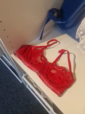 Röd spets-bh från Lounge - Snygg röd bh från Lounge med spetsdetaljer och justerbara axelband. Bh:n har en elastisk resår med Lounge-logga runt om och är tillverkad i genomskinligt spetsmaterial för en trendig look. Aldrig använt