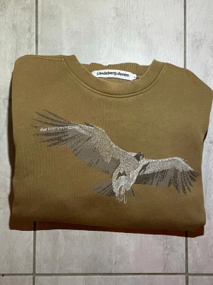 Brun sweatshirt med fågeltryck J.Lindeberg - Cool brun sweatshirt från J.Lindeberg Denim med stort tryck av en flygande fågel och texten '21st Century Pioneer' på bröstet. Tröjan har rund halsringning och ribbade muddar. Perfekt för en avslappnad och trendig stil. 