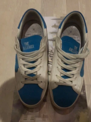 Vita och blå sneakers The Gallerist - Snygga sneakers från The Gallerist i vitt och blått. Skorna har lågt skaft, vita snören och blå detaljer på tån, hälen och plösen. Ovandelen är i läder och textil, med klassisk siluett och diskret logga på plösen.