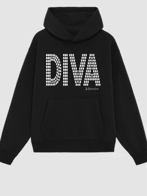 Svart hoodie med DIVA-tryck - Svart hoodie med stor vit text 'DIVA. Tillverkad i mjuk bomullsblandning för maximal komfort och avslappnad stil. Perfekt för dig som vill sticka ut med ett statement-plagg.