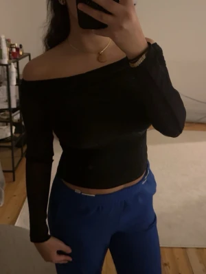 Svart glittrig offshoulder topp - Säljer en svart glittrig offshoulder topp med transparenta långärmar. Toppen är tight och croppad, perfekt för dig som vill sticka ut lite extra. Materialet är stretchigt och följsamt, vilket ger en snygg passform.