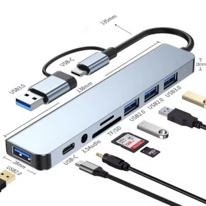USB-C och USB 3.0 Hub 8-i-1 med kortläsare och ljudutgång - 8-i-1 USB-hub mångsidig anslutning för enheter. Den har en USB-C-kontakt och en USB 3.0-kontakt. Hubben inkluderar tre USB 3.0-portar, en K USB 2:0-port, en USB-C-port, en TF/ SD-kortläsare och en 3.5mm ljudutgång. Enkel att transportera och använda.
