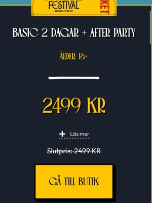 Festivalbiljett 2 dagar + after party - Säljer en festivalbiljett som gäller för två dagar och inkluderar after party. Jag kan stå för namnbytet som är 300kr. 2100kr