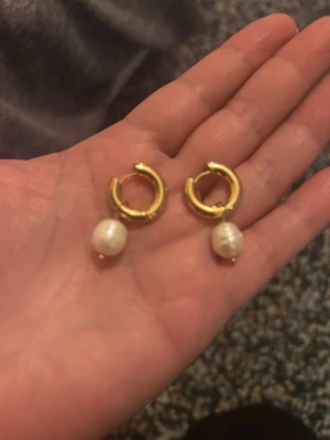 Pilgrim Guldiga hoops med pärlor - Säljer ett par snygga örhängen i guldtonad metall med vita pärlor som hänger ned. Hoopsen är runda och har en klassisk design, medan pärlorna ger en elegant touch. Perfekta för att lyfta vilken outfit som helst.