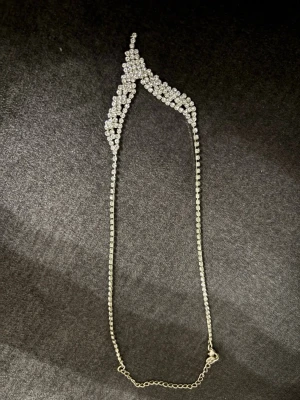 Silvrigt halsband med gnistrande stenar - Säljer ett silvrigt halsband med gnistrande, klara stenar i en spetsig, elegant form. Halsbandet har en kedja med små stenar längs hela bandet och en unik, spetsig design framtill som verkligen drar blickarna till sig. Perfekt för dig som vill sticka ut med något extra.