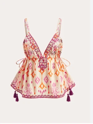 Jättefin broderad linnetopp  - Broderad linnetopp i beige med färgstarka mönster i rosa och orange. Djup v-ringning, smala axelband och snörning framtill. Perfekt för varma dagar och festivaler. ‼️ INTE MINA BILDER ‼️ säljer denna eftersom den ALDRIG kommit till användning. 