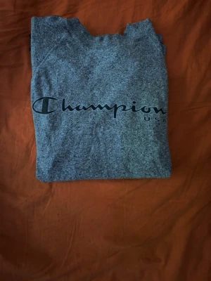 Grå Champion t-shirt med logga - Grå t-shirt från Champion med stor svart logga på bröstet och svarta band med Champion-tryck längs axlarna. T-shirten har rund hals och är tillverkad i mjukt bomullsmaterial. Perfekt för en avslappnad streetwear-look.