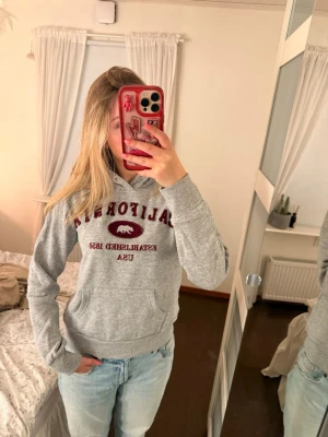 Grå hoodie med California-tryck - Snygg grå hoodie med rött California-tryck och björnmotiv på bröstet. Har huva och magficka, samt ribbade muddar vid ärmslut och nederkant. Perfekt för en avslappnad och cool stil.