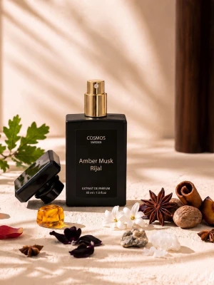 Svensk märke. Ord pris 999kr. Hög kvalitet. EXTRAIT DE PARFUME. Amber Musk Rijal parfym 30ml Cosmos - Svensk märke. Cosmos Sweden. Amber Musk Rijal från Cosmos Sweden är en exklusiv parfym i en stilren, svart, fyrkantig flaska med gulddetaljer. Flaskan rymmer 30 ml och har en elegant, modern design. Doften har inslag av amber och musk, vilket ger en varm och lyxig känsla. De flesta parfymer som säljs där ute är oftast EDT medans cosmos Sweden har endast högsta kvalitet parfymer med EXTRAIT DE PARFUM. Ord pris 999kr