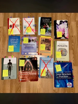 Kurslitteratur  - Säljer kurslitteratur😊  - Äldres hälsa: 200kr  - Etikboken: 200kr  - Juridik: 150kr  - Rehabilitation Research: 300kr - Utvecklingspsykologi: 150kr - Klinisk psykiatri: 150kr - Medicin: 350kr - Fundamentals of Anatomy &  Physiology: 350  - Joint structure and function: 300kr  Vissa böcker har lappar, för de sidor jag  haft mest nytta av. Kontakta mig vid intresse 💗Paketpris: 2000kr