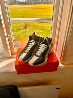  Air Jordan 34 svart/vit basketsko - Säljer ett par Nike  Air Jordan 34 basketskor i svart och vitt med meshpaneler och reflekterande detaljer. Skorna har högt skaft, synlig Jumpman-logga på sulan och röda accenter. Perfekta för basket eller streetwear, riktigt snygg och modern design.