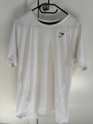 Vit t-shirt från Gymshark - Säljer en stilren vit t-shirt från Gymshark med diskret logga på bröstet. T-shirten har rund halsringning och korta ärmar. Perfekt för dig som gillar enkel och sportig stil.