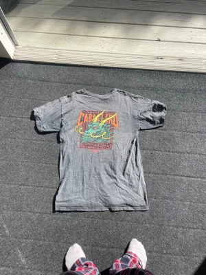 Grå Caballero t-shirt med draktryck - Säljer en grå t-shirt från Caballero med färgglatt draktryck på ryggen och mindre tryck fram. Klassisk passform och rund hals. Perfekt för dig som gillar streetwear och coola prints.