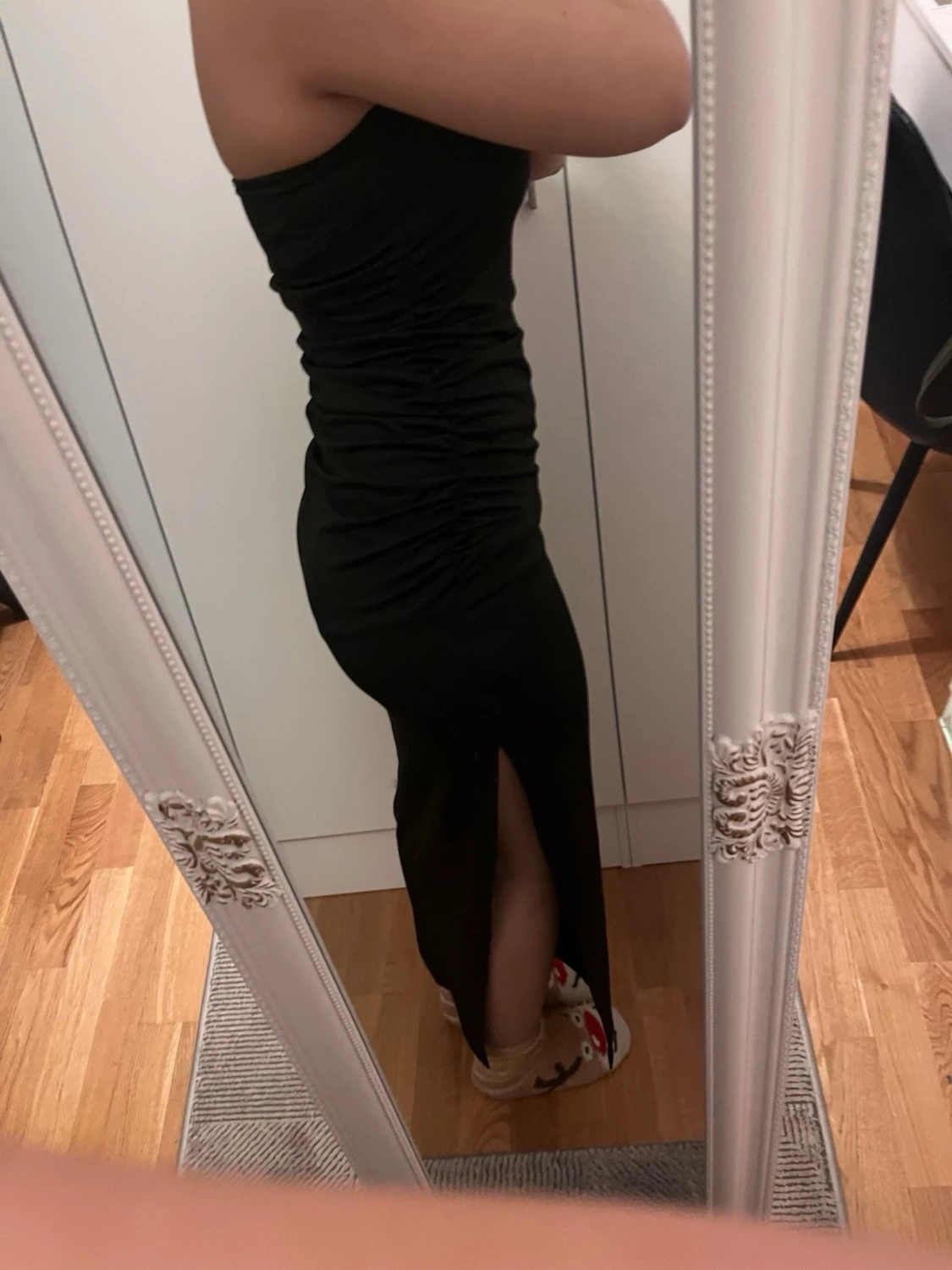 Grå+svart axelbandslös långklänning - 4