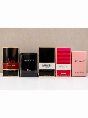 Parfymset med fem olika dofter - Säljer ett parfymset med fem olika dofter: Good Girl (Carolina Herrera) i flera varianter, Sauvage Elixir (Dior) och My Way (Giorgio Armani). Förpackningarna är i svart, rött, guld, rosa och vitt med lyxig design. Perfekt för dig som vill testa olika märkesparfymer.