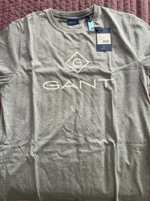 Grå GANT t-shirt med logga - Snygg grå t-shirt från GANT med stor vit logga på bröstet. Klassisk rund halsringning och korta ärmar. Tillverkad i mjuk bomull som känns skön mot huden. Perfekt för en clean och stilren look.