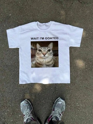 wait i’m goated meme Vit t-shirt med kattmotiv och text - Aldrig använd ”wait i’m goated” meme tröja. Rolig vit t-shirt med tryck av en katt och texten 'WAIT I'M GOATED' på bröstet. Klassisk passform och rund halsringning. Perfekt för dig som gillar memes och vill sticka ut med ett humoristiskt plagg. Storlek 6XL så den är jätte stor och overzied för dig som gillar stora tröjor. nyskick! 