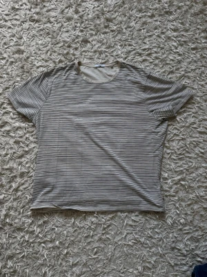 Randig t-shirt från Bläck - Säljer en stilren t-shirt från Bläc med tunna svarta ränder på vit botten. T-shirten har rund halsringning och korta ärmar. Perfekt för dig som gillar enkel och clean stil.