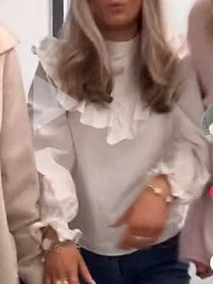 Vit blus med volangdetaljer - Supersöt vit blus med volanger längs halsringningen och ärmsluten. Blusen har långärmade puffärmar och en rak passform. Perfekt för dig som gillar romantisk och trendig stil.