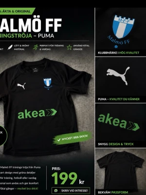 Svart Malmö FF träningströja Puma - Snygg svart träningströja från Puma med Malmö FF:s klubbmärke på bröstet och vit Puma-logga. Framsidan har grön akea-logga. Tröjan har rund hals och är tillverkad i lätt och skönt material som andas. Perfekt för träning och fotboll.