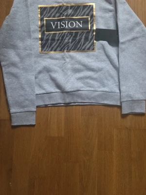Grå sweatshirt med VISION-tryck - Snygg grå sweatshirt från Åhlens med ett stort zebramönstrat tryck på bröstet och texten 'VISION' i vitt, inramat av guldfärgade linjer. Tröjan har rund halsringning och ribbade muddar vid ärmslut och nederkant. Perfekt för en trendig och avslappnad stil.