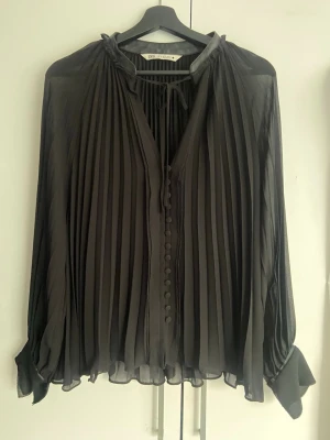 Plisserad svart blus från Zara - Snygg svart plisserad blus från Zara med långa ärmar och knytning i halsen. Genomskinlig