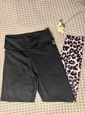 Leopardprint träningstights - Snygga träningstights från SHEIN i svart med en ben i leopardmönster i beige, svart och brun. Hög midja och stretchigt material som sitter skönt. Har två fickor.