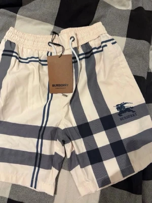 Rutiga Burberry shorts med snörning - Säljer ett par vita och mörkblå rutiga shorts från Burberry med klassiskt mönster och broderad logga på benet. Shortsen har elastisk midja med snörning för skön passform. Perfekta för sommaren och riktigt snygga till streetwear-stilen.