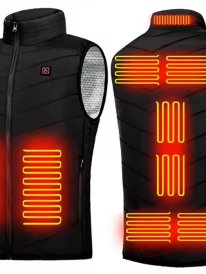 Svart värmeväst med eluppvärmning - Snygg svart dunväst med inbyggda värmezoner fram och bak som drivs med el. Västen har hög krage, dragkedja och reflekterande foder på insidan för extra värme. Perfekt för kalla dagar när du vill hålla dig varm och bekväm.