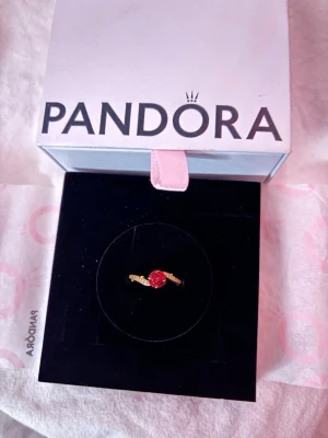 Guldfärgad ring med röd ros Pandora - Säljer en elegant guldfärgad ring från Pandora med en detaljrik röd ros i mitten. Ringen har gnistrande stenar längs bandet som ger extra lyxig känsla. Perfekt accessoar för dig som vill sticka ut med något unikt och romantiskt.