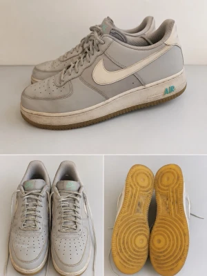 Nike Air Force 1 - Limiterade Nike Air Force 1🎁Skorna är i befintlig skick, behövas lite tvätt så kan de se riktigt bra ut🎉❗️ skorna är köpta på Nikes egna hemsida. Skorna är grå vita med en neon grön/blått Air märke som gör att skorna sticker ut i vardagen. Är du sugen på att inte ”go with the flow”, så är dessa skorna perfekta för just dig‼️Kontakta mig vid frågor, pris går att diskuteras‼️💸💸