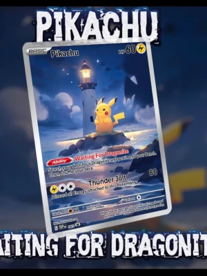 Pokémonkort Pikachu Waiting for Dragonite - Säljer ett Pokémonkort med Pikachu-motiv, specialutgåvan 'Waiting for Dragonite'. Kortet har en färgglad illustration av Pikachu vid en fyr i kvällsljus. Kortet är gjort av laminerad kartong och har detaljer i gult, blått och vitt.