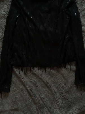 Svart glittrig topp från Kappahl - Säljer en svart långärmad topp från Kappahl i storlek XS. Toppen har glittriga detaljer och fransar som ger en cool och trendig look. Perfekt för dig som vill sticka ut lite extra. Materialet känns lätt och följsamt. Passar på nyår eller fester