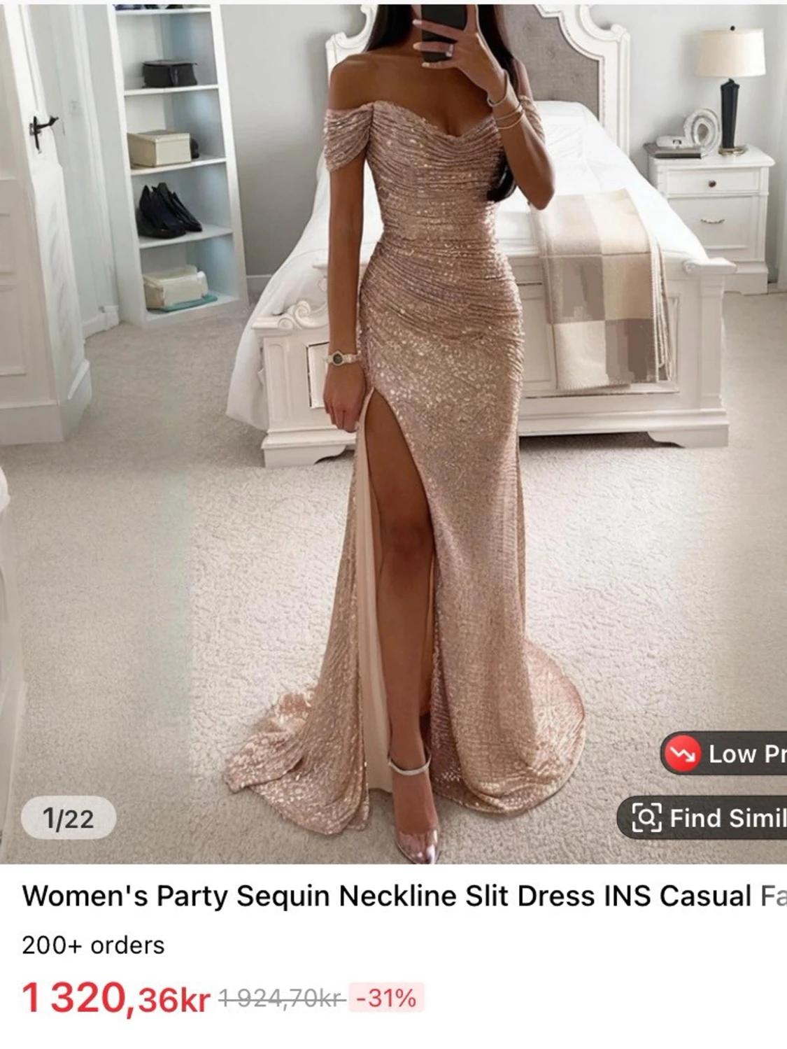 Glittrig långklänning med slits - 1