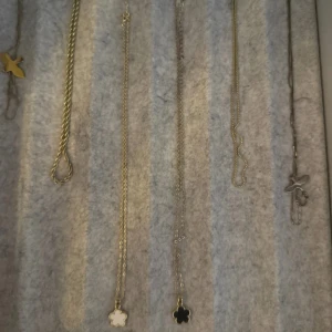 Guldiga halsband med blommor - Två tunna guldiga halsband med vita och svarta blommor. Dom är i väldigt bra skick då dom nästa aldrig har blivit använda. Man kan köpa ett halsband med om man vill det är bara att skriva till mig. 15 kr styck blir det då.