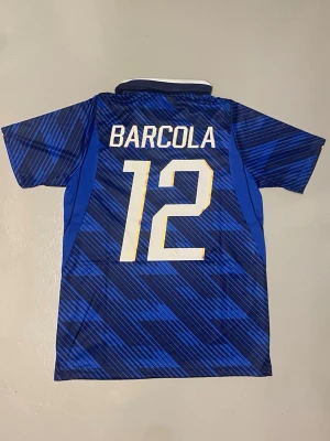 BARCOLA#12 Frankrike Vm 2026 hemmaställ - Snygg blå fotbollströja med Barcola och nummer 12 på ryggen. Tröjan har ett diagonalrandigt mönster, vit krage och Frankrikes landslagsemblem på bröstet. Korta ärmar och sportig passform, perfekt för match eller träning.
