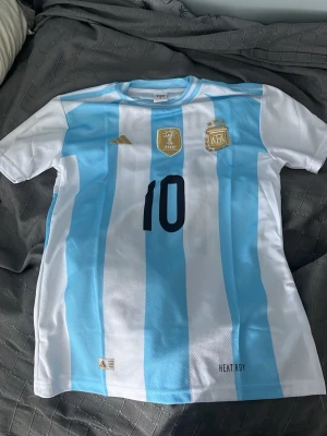 Argentina Messi matchtröja blåvit - Säljer en officiell Argentina matchtröja med Messi och nummer 10. Tröjan har klassiska blå och vita ränder, korta ärmar och detaljer i guld. Tillverkad i lätt och ventilerande material, perfekt för fotboll eller träning.