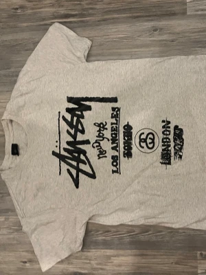 Grå Stüssy t-shirt med tryck - Säljer en grå t-shirt från Stüssy med svart grafiskt tryck på framsidan. T-shirten har klassisk passform och korta ärmar. Perfekt för dig som gillar streetwear och vill ha en enkel men snygg look.