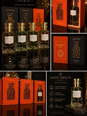 Lyxiga parfymer för bra pris  - Vi har en kollektion på över 20 olika dofter. Lyxig parfym från Saint Melux Paris i elegant glasflaska med guldfärgad kork. Glory Vanille har en exklusiv svart och guld förpackning med dekorativt mönster. Doften är högkoncentrerad och långvarig, framtagen med premiumingredienser för en unik doftupplevelse.
