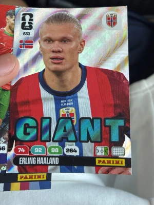 Panini Adrenalyn XL fotbollskort - Säljer ett Panini Adrenalyn XL fotbollskort med holografisk yta, motiv av norsk spelare och texten GIANT. Kortet har färger i rött, blått och vitt samt detaljer i grönt och svart. Perfekt för samlare av fotbollskort eller Panini-serien.