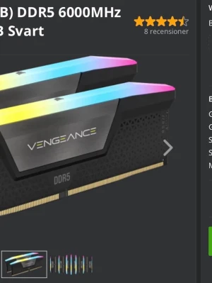 Vengeance Corsair RGB DDR5 6000 MT/s 32 GB (2×16 GB), AMD EXPO, CL36 - Vengeance Corsair RGB DDR5 6000 MT/s 32 GB (2×16 GB), AMD EXPO, CL36. Uttagna direkt ur en fabriksny dator innan första användning. Har aldrig använts. Säljs utan originalkartong eftersom de levererades förinstallerade. Kvitto finns.  https://www.inet.se/produkt/5306225/corsair-32gb-2x16gb-ddr5-6000mhz-cl36-vengeance-rgb-sv  https://www.inet.se/produkt/d100138/inet-system-g70-r7x3d-9070-xt
