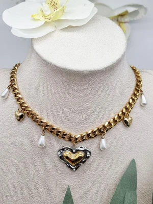 Stilfullt halsband med pärlor och hjärta  - Material-rostfritt stål, Kjedja-7mm. 