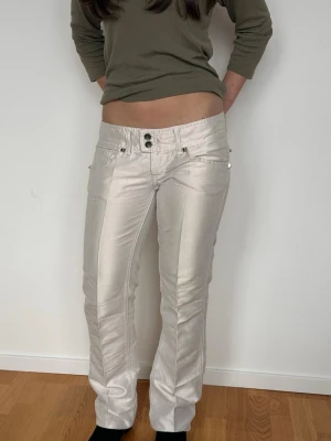 Silvriga low rise jeans - ett par glansiga silver/vita low rise jeans. De har lätt utsvängda ben, dubbla knappar i midjan och coola sömdetaljer framtill. Bakfickorna har handpåsatta nitar. Perfekta för dig som vill sticka ut med en unik look.